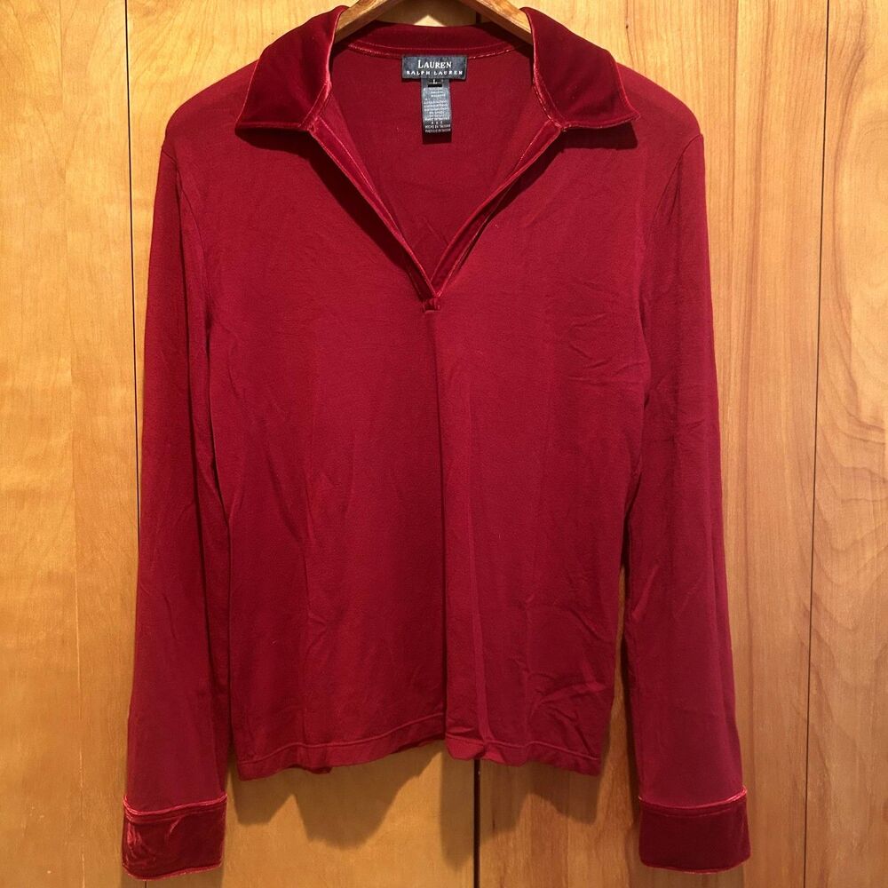 Lauren Ralph Lauren-Cherry Red Top-Velvet Collar/Cuffs Sz L-Old Money-Preppy‎